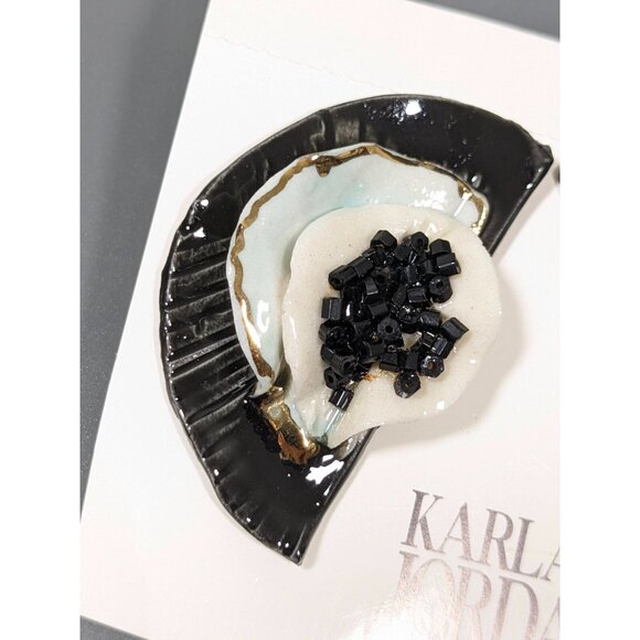 Vintage Karla Jordan Black White Blue Crescent Porcelain 3D Pierced Earrings - Picture 3 of 8